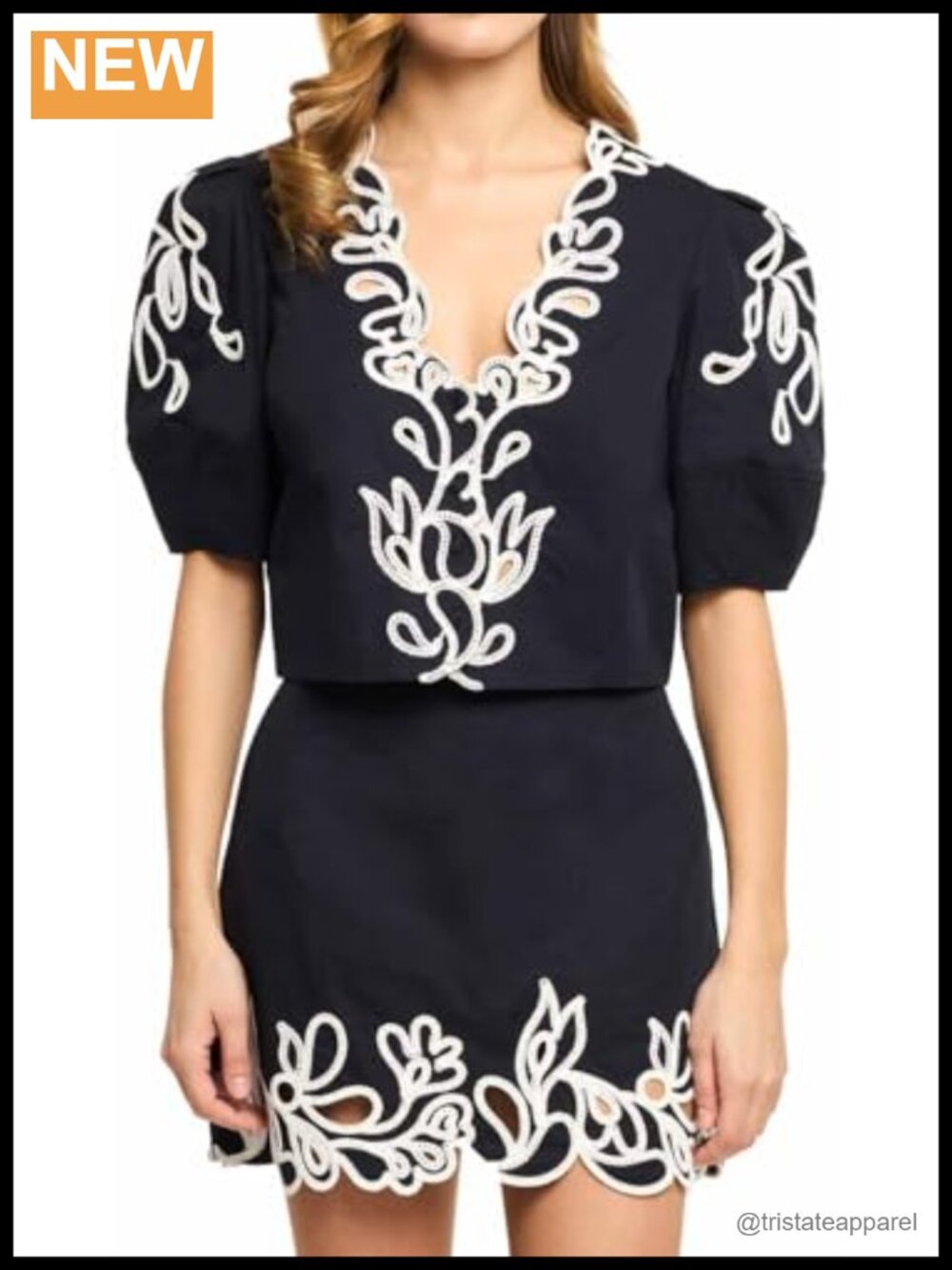 Cotton Poplin Embroidered Blouse Puff Sleeve V-Neck Regular Fit Data-v-